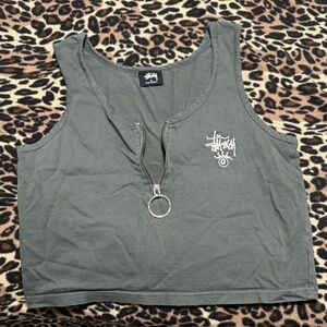 Stussy Women's Charcoal Crop Top with Ring Zipper
